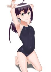 Rule 34 | 1girl, 30-06, ahoge, arms up, bad id, bad pixiv id, bare shoulders, barefoot, black hair, black one-piece swimsuit, blunt bangs, competition school swimsuit, fujinami (kancolle), hair ribbon, highres, kantai collection, kneeling, long hair, looking at viewer, one-piece swimsuit, ribbon, school swimsuit, simple background, smile, solo, swimsuit, white background, yellow eyes