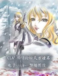 Rule 34 | 00s, armor, blonde hair, cape, claymore (series), claymore (sword), flora (claymore), grey eyes, snow, sword, translation request, weapon