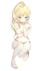 Rule 34 | 10s, 1girl, asymmetrical clothes, ayase eli, bare arms, bare shoulders, black panties, blonde hair, blush, boots, breasts, cleavage, closed mouth, collarbone, colored eyelashes, eyebrows, eyelashes, full body, green eyes, groin, hand on own arm, hand on own cheek, hand on own face, high heels, holding own arm, long hair, love live!, love live! school idol project, lpip, medium breasts, off shoulder, original, panties, ponytail, simple background, smile, solo, squatting, thigh boots, thighhighs, underwear, white background, white footwear, white theme