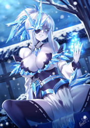 Rule 34 | 1girl, artist name, bare shoulders, black sclera, blue eyes, blunt bangs, breasts, butter-t, cleavage, colored sclera, colored skin, commentary, detached collar, detached sleeves, eyepatch, head tilt, ice, icicle, japanese clothes, large breasts, looking at viewer, monster girl, monster girl encyclopedia, nail polish, parted lips, pelvic curtain, ponytail, sidelocks, signature, silver hair, sitting, smile, snow, snowing, solo, spread legs, thighhighs, tsurara onna (monster girl encyclopedia), white skin, wide sleeves