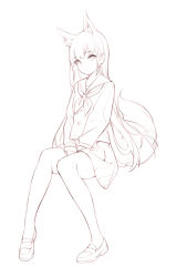 Rule 34 | 1girl, absurdres, animal ears, between legs, closed mouth, fox ears, fox tail, hand between legs, highres, invisible chair, loafers, long hair, looking at viewer, miniskirt, neckerchief, nekojira, original, school uniform, serafuku, shoes, simple background, sitting, skirt, solo, tail, v arms, white background