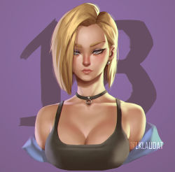 Rule 34 | 1girl, android 18, blanclauz, blonde hair, blue eyes, breasts, character name, choker, cleavage, dragon ball, dragonball z, earrings, eyebrows, eyelashes, eyeliner, eyeshadow, forehead, hair over one eye, highres, instagram username, jewelry, large breasts, lips, looking at viewer, makeup, nose, o-ring, o-ring choker, off shoulder, short hair, simple background, solo, tank top, upper body