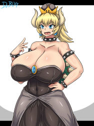 Rule 34 | blonde hair, blue eyes, borrowed character, bowsette, bracelet, breasts, cleavage, collar, dr. bug, dress, earrings, highres, horns, huge breasts, jewelry, mario (series), nintendo, open mouth, ponytail, spiked bracelet, spiked collar, spikes, super crown, thick eyebrows, tight clothes, tight dress, turtle shell