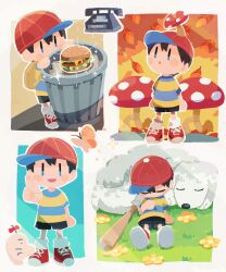 Rule 34 | 1boy, :o, backpack, bag, baseball bat, baseball cap, black hair, black shorts, bug, burger, butterfly, chibi, dog, doseisan, flower, food, grass, hat, highres, insect, king (mother 2), male focus, mother (game), mother 2, multiple views, mushroom, mushroom on head, ness (mother 2), nintendo, open mouth, parted lips, phone, red footwear, shirt, shoes, short sleeves, shorts, sitting, sleeping, sleeping upright, sneakers, soresaki, sparkle, standing, striped clothes, striped shirt, t-shirt, trash can, v, yellow flower