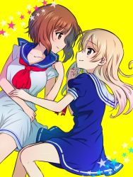 Rule 34 | 2girls, alternate costume, alternate hairstyle, blonde hair, blue dress, blue eyes, blue sailor collar, brown eyes, brown hair, closed mouth, commentary request, darjeeling (girls und panzer), dress, from above, girls und panzer, hair down, hand on another&#039;s arm, highres, looking at another, lying, multiple girls, neckerchief, nishizumi miho, on back, on side, partial commentary, red neckerchief, rurikoke, sailor collar, short dress, short hair, simple background, single horizontal stripe, smile, star (symbol), white dress, white sailor collar, yellow background, yuri