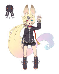Rule 34 | 1girl, absurdly long hair, animal ears, bad id, bad pixiv id, blonde hair, blue eyes, blue hair, boots, braid, rabbit ears, collar, full body, gluteal fold, gradient hair, hair ornament, hand up, heterochromia, jacket, leash, long hair, looking at viewer, multicolored hair, navel, nucomas, open mouth, original, pink hair, red eyes, short shorts, shorts, simple background, solo, standing, very long hair, white background