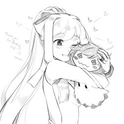 Rule 34 | 1girl, ;d, absurdres, artist name, creatures (company), doll, hugging doll, english text, game freak, greyscale, hair ribbon, happy, heart, highres, long hair, monochrome, nintendo, hugging object, one eye closed, open mouth, pokemon, pokemon (creature), ponytail, ribbon, sasoura, smile, thank you, upper body