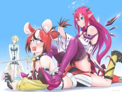 Rule 34 | 3girls, animal ears, blue eyes, ceres fauna, closed eyes, demon horns, grabbing another&#039;s hair, green eyes, hakos baelz, halo, heterochromia, highres, holding, holding staff, hololive, hololive english, horns, irys (hololive), mouse ears, mouse tail, multiple girls, open mouth, purple eyes, purple hair, sitting, sitting on person, sousou no frieren, staff, tail, the raineman, virtual youtuber, wings