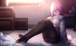 Rule 34 | 1girl, black dress, black pantyhose, blush, bra, chahei, collarbone, creature, dress, eyes visible through hair, fate/grand order, fate (series), fou (fate), glasses, hair over one eye, hand on own chest, highres, hood, hoodie, indoors, jacket, long sleeves, mash kyrielight, open clothes, open dress, open jacket, pantyhose, pink bra, purple eyes, purple hair, short hair, sitting, underwear
