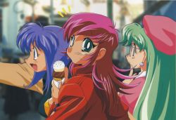 Rule 34 | ^^^, 3girls, aqua eyes, blue eyes, blue hair, blurry, blurry background, double scoop, earrings, food, green hair, hat, holding, holding food, ice cream, ice cream cone, jacket, jewelry, kimura takahiro, lilia milcrabe, long hair, looking at viewer, multiple girls, official art, open mouth, outstretched arm, photo background, pink hair, profile, raika grace, red jacket, seela mcclegg, short hair, tongue, tongue out, upper body, viper, viper f40, waffle cone, wristband