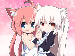 Rule 34 | 2girls, ahoge, animal ear fluff, animal ears, blue eyes, cat ears, choker, closed mouth, commentary request, fang, hinata channel, holding hands, interlocked fingers, long hair, looking at viewer, multiple girls, nekomiya hinata, nora cat, nora cat channel, open mouth, osaragi mitama, pink hair, red eyes, smile, twintails, virtual youtuber, white hair