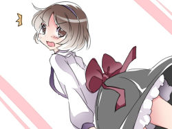 Rule 34 | 1girl, bad id, bad pixiv id, blush, bow, brown eyes, brown hair, collared shirt, commentary request, dress shirt, from behind, hairband, hammer (sunset beach), long sleeves, looking back, necktie, open mouth, shirt, short hair, skirt, solo, ^^^, sweatdrop, touhou, tsukumo yatsuhashi, wavy mouth