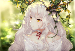 Rule 34 | 1girl, bare shoulders, choker, collarbone, horns, kachiino, leaf, looking to the side, pale skin, solo, white hair, yellow eyes
