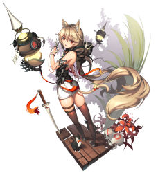 Rule 34 | 1girl, [saw], absurdres, animal ears, armlet, armor, bare shoulders, bell, black thighhighs, blonde hair, bow, bowtie, bracelet, cat, cat ears, cat tail, claw (weapon), faux figurine, floating, flower, full body, highres, hood, hood down, jewelry, lantern, long hair, looking back, low ponytail, miniskirt, open mouth, original, plant, red eyes, ribbon, sandals, simple background, skirt, skull, sleeveless, solo, standing, sword, tail, tassel, thigh strap, thighhighs, very long hair, weapon, white background, wooden floor