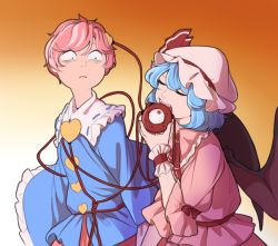 Rule 34 | 2girls, ascot, bat wings, biting, blue hair, brooch, closed eyes, commentary, constricted pupils, english commentary, fangs, frills, gradient background, hat, hat ribbon, heart, jewelry, komeiji satori, long sleeves, looking at another, mefomefo, mob cap, multiple girls, open mouth, pink hair, remilia scarlet, ribbon, short hair, short sleeves, skirt, skirt set, string, sweat, third eye, touhou, upper body, wide sleeves, wings, wrist cuffs