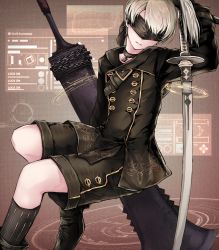 Rule 34 | 1boy, akira (aky-la), android, blindfold, buckle, choker, english text, expressionless, gloves, highres, invisible chair, lips, male focus, nier (series), nier:automata, pale skin, patterned clothing, shoes, short hair, shorts, sitting, solo, sword, text focus, weapon, white hair, 9s (nier:automata)