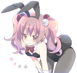 Rule 34 | 1girl, animal ears, bent over, bow, bowtie, brown eyes, detached collar, dice, fake animal ears, leotard, neneko-n, original, pantyhose, pink hair, playboy bunny, rabbit ears, rabbit tail, simple background, solo, tail, twintails, wrist cuffs