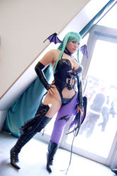 Rule 34 | blue eyes, breasts, capcom, chouzuki maryou, cleavage, cosplay, elbow gloves, gloves, green hair, large breasts, latex, leather, long hair, mole, morrigan aensland, morrigan aensland (cosplay), photo (medium), plump, vampire (game), wings