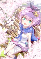 Rule 34 | 1girl, absurdres, armband, azur lane, bench, black ribbon, blue cape, blue footwear, bracelet, cape, cherry blossoms, crown, fluno, gloves, green eyes, hair ornament, hair ribbon, hairclip, hand on own thigh, highres, javelin (azur lane), jewelry, looking at viewer, mini crown, on bench, open mouth, outdoors, pink ribbon, plaid, plaid skirt, purple hair, ribbon, shirt, short ponytail, sitting, skirt, sleeveless, solo, spring (season), thighs, white gloves, white shirt