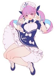 Rule 34 | 1girl, ahoge, anchor symbol, blue bow, blue dress, blue hair, blue nails, blush, bow, braid, breasts, colored inner hair, commentary, double w, dress, full body, hair ribbon, high heels, hololive, izumi sai, jumping, legs, looking at viewer, maid, maid headdress, medium breasts, minato aqua, minato aqua (1st costume), multicolored hair, nail polish, open mouth, puffy short sleeves, puffy sleeves, pumps, purple eyes, purple hair, ribbon, short dress, short sleeves, simple background, smile, solo, thighs, twintails, two-tone hair, virtual youtuber, w, white background, white bow, wrist cuffs