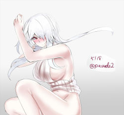 Rule 34 | 1girl, artist name, azur lane, bare shoulders, blush, breasts, clothes lift, colorado (azur lane), grey background, hair over one eye, large breasts, long hair, no bra, no panties, paundo2, red eyes, ribbed sweater, sideboob, simple background, sleeveless, sleeveless sweater, sleeveless turtleneck, solo, sweater, sweater lift, turtleneck, turtleneck sweater, white hair, white sweater