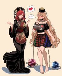 Rule 34 | 2girls, arms up, barefoot, black dress, black eyes, black shirt, blonde hair, breasts, cleavage, collar, collarbone, commentary request, cosplay, costume switch, crop top, dress, earth (ornament), ghostship55, hand on own chest, hat, heart, hecatia lapislazuli, hecatia lapislazuli (cosplay), highres, junko (touhou), junko (touhou) (cosplay), large breasts, light frown, long hair, long sleeves, looking at viewer, looking down, mature female, midriff, moon (ornament), multicolored clothes, multicolored skirt, multiple girls, navel, nose, off-shoulder shirt, off shoulder, red hair, ribbon, shirt, sign, simple background, skirt, smile, spoken blush, spoken heart, standing, tabard, thighs, touhou, very long hair, wide sleeves, yellow background