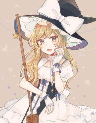 Rule 34 | 1girl, alternate color, back bow, bamboo broom, black hat, blonde hair, blue bow, bow, braid, broom, commentary request, dress, fingerless gloves, frills, gloves, hair bow, hand up, hat, hat bow, highres, kirisame marisa, long hair, looking at viewer, mozukuzu (manukedori), open mouth, short sleeves, single braid, solo, star (sky), touhou, upper body, white bow, white dress, white gloves, witch hat, yellow eyes