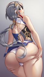 Rule 34 | 1girl, ass, ass grab, back, bad id, bad pixiv id, blue eyes, blush, breasts, china dress, chinese clothes, dress, from behind, fu hua, fu hua (blue swallow), fu hua (valkyrie accipiter), hands on own ass, honkai (series), honkai impact 3rd, huge ass, long hair, looking at viewer, looking back, myurumyuru, panties, ponytail, small breasts, solo, spread ass, thick thighs, thighs, underwear, white panties, wide hips