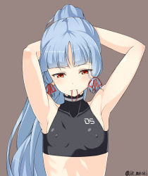 Rule 34 | 10s, 1girl, adjusting hair, armpits, arms up, blue hair, blunt bangs, blush, breasts, covered erect nipples, flat chest, hair ribbon, halterneck, highres, jito (mesuki nitouhei), kantai collection, long hair, mouth hold, murakumo (kancolle), red eyes, ribbon, simple background, small breasts, solo, sports bra, tying hair