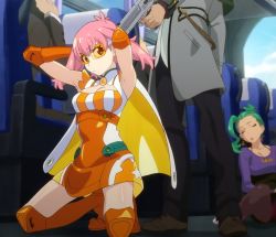 Rule 34 | 10s, 2girls, 3boys, armpits, arms behind head, at gunpoint, boots, bracelet, breasts, cape, chichibu rabura, cleavage, cleavage cutout, closed eyes, clothing cutout, dress, earrings, elbow gloves, gloves, green hair, gun, head out of frame, highres, holding, jacket, jewelry, knee boots, kneeling, legs, long sleeves, looking back, magical girl, multiple boys, multiple girls, narugino mikatan, orange footwear, pants, pantyhose, pink hair, punch line, punchline, screencap, serious, shoes, short hair, sitting, sleeveless, standing, strange juice, striped, sunglasses, thigh boots, thighhighs, visor, weapon