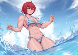Rule 34 | 1girl, abs, absurdres, ahoge, bikini, blue bikini, blue eyes, blush, breasts, cloud, cloudy sky, commission, day, female focus, front-tie bikini top, front-tie top, highleg, highleg bikini, highres, looking at viewer, muscular, muscular arms, muscular female, muscular legs, navel, obliques, original, outstretched arms, red hair, rock, short hair, side-tie bikini bottom, sky, smile, solo, speedl00ver, standing, string bikini, striped bikini, striped clothes, swimsuit, underboob, wading, water, watermark
