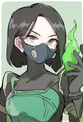 Rule 34 | 1girl, 3wdog s, animification, black hair, bodysuit, colored smoke, facing viewer, gas, gas mask, gloves, green bodysuit, green eyes, colored smoke, hair behind ear, highres, mask, mouth mask, poison, short hair, simple background, skin tight, smoke, solo, valorant, viper (valorant)