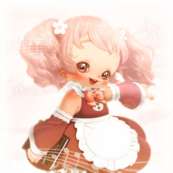 Rule 34 | 1girl, :d, apron, bare shoulders, bars (music), bass clef, beamed quavers, book, bow, detached sleeves, dress, flower, frilled dress, frills, gradient background, hair flower, hair ornament, holding, koharu-on ami, koharune ami, lace, looking at viewer, musical note, open mouth, outstretched arm, pink background, pink hair, quaver, red eyes, sharp sign, smile, solo, souri, staff (music), treble clef, twintails, utau