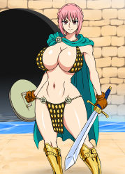 Rule 34 | 1girl, armor, breasts, cleavage, highres, huge breasts, large breasts, naruho, one piece, pink hair, rebecca (one piece), sword, weapon