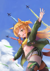 Rule 34 | 1girl, :d, aircraft, airplane, animal ears, aoniyoshi, blonde hair, blue sky, cloud, commentary, cowboy shot, crop top, day, green jacket, highres, horse ears, jacket, long hair, long sleeves, mayano top gun (umamusume), midriff, navel, open clothes, open jacket, open mouth, shirt, short shorts, shorts, sky, smile, solo, stomach, thighhighs, thighs, two side up, umamusume, white shorts, yellow eyes, yellow shirt