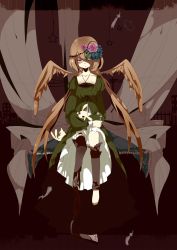 Rule 34 | absurdres, amputee, black legwear, rabbit, dress, empty eyes, feathers, flower, frown, green dress, hair ornament, hair over one eye, hair wings, highres, jewelry, light, long hair, necklace, purple eyes, rose, scar, sitting, stuffed animal, stuffed toy, thighhighs, very long hair, wings