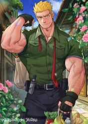 Rule 34 | 1boy, arm hair, artist name, bag, bara, belt, biceps, blonde hair, cloud, collared shirt, facial hair, flower, food, gloves, goatee stubble, highres, holding, holding bag, house, jasdavi, looking at viewer, male focus, manly, mature male, muscular, muscular male, original, outdoors, pants, pectorals, plant, road, shirt, shopping bag, signature, sky, smirk, solo, spiked hair, street, stubble, thick arms, thick eyebrows