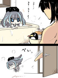 Rule 34 | 1boy, 1girl, :3, abyssal ship, admiral (kancolle), bathtub, blue eyes, blush stickers, chibi, comic, commentary request, dock princess, dress, failure penguin, goma (gomasamune), grey hair, hair between eyes, highres, kantai collection, miss cloud, open door, open mouth, sailor collar, sailor dress, sleeveless, sleeveless dress, smile, throwing, translation request, twintails, window