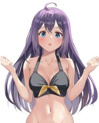 Rule 34 | 1girl, :o, ahoge, amanoyui, bad id, bad pixiv id, bare arms, bare shoulders, black ribbon, blue eyes, blush, breasts, cleavage, collarbone, commentary request, hands up, highres, idolmaster, idolmaster million live!, long hair, looking at viewer, medium breasts, mochizuki anna, navel, open mouth, purple hair, ribbon, simple background, solo, stomach, upper body, very long hair, white background, yellow ribbon
