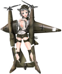 Rule 34 | 1girl, aircraft, airplane, animal ears, balkenkreuz, blue eyes, breasts, cleavage, cross, full body, fw 189, garrison cap, grey hair, hat, medium breasts, military, original, personification, propeller, short hair, shorts, simple background, smile, solo, standing, tail, unzipped, upeco, white background, wolf ears, wolf tail, world war ii