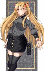 Rule 34 | 1girl, absurdres, alternate costume, black skirt, black thighhighs, blush, clothing cutout, earrings, ereshkigal (fate), fate/grand order, fate (series), grey shirt, hair ornament, highres, jewelry, long hair, long sleeves, looking at viewer, open hand, parted bangs, parted lips, red eyes, shirt, shirt tucked in, shoulder cutout, skirt, smile, solo, thighhighs, thighs, toukan