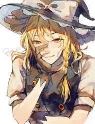 Rule 34 | 1girl, aihara-rina, artist name, braid, buttons, double-breasted, gloves, hair between eyes, hat, head rest, highres, kirisame marisa, light blush, looking at viewer, raised eyebrows, side braid, single braid, smile, solo, touhou, white background, witch hat, yellow eyes