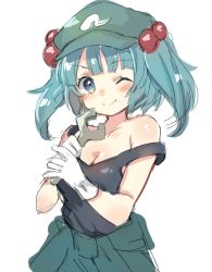 Rule 34 | 1girl, ;), aqua eyes, aqua hair, bare shoulders, blush, breasts, cleavage, closed mouth, clothes around waist, gloves, green hat, hair bobbles, hair ornament, hat, holding, jumpsuit, kawashiro nitori, looking at viewer, one eye closed, paragasu (parags112), peaked cap, simple background, sleeveless, small breasts, smile, solo, strap slip, touhou, twintails, two side up, upper body, white background, white gloves, wrench