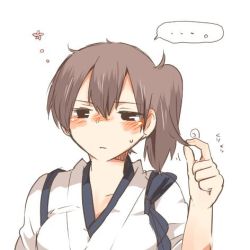 Rule 34 | ..., 10s, 1girl, bad id, bad twitter id, blush, breasts, brown eyes, brown hair, twirling hair, japanese clothes, kaga (kancolle), kantai collection, lowres, personification, rebecca (keinelove), side ponytail, solo, spoken ellipsis