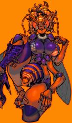Rule 34 | 1girl, absurdres, american flag bikini, antennae, arthropod girl, bee girl, bikini, blonde hair, boots, breasts, carapace, cleavage, colored skin, commentary, cropped legs, english commentary, extra arms, flag print, high heels, high ponytail, highres, huge breasts, insect girl, insect wings, knee boots, micro bikini, monster girl, orange background, original, platform boots, platform footwear, pulled by self, purple legwear, purple skin, solo, stiletto heels, stinger, strap gap, strap pull, swimsuit, tagane, thick thighs, thighs, underboob, updo, wings