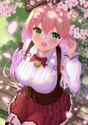 Rule 34 | 1girl, absurdres, ahoge, animal hat, bell, beret, blurry, blush, bodice, bow, bowtie, breasts, brown hat, cat hat, cherry blossoms, collared shirt, depth of field, flower, garter straps, green eyes, hair between eyes, hair ornament, hairclip, hat, highres, hololive, jingle bell, large breasts, long hair, looking at viewer, low twintails, miniskirt, neck bell, official alternate costume, on bench, onabe no shime, open mouth, park, petals, pink hair, plaid, plaid skirt, red bow, red bowtie, red skirt, revision, ribbed shirt, sakura miko, sakura miko (casual), shirt, sitting, skirt, solo, split mouth, suspenders, thighhighs, twintails, underbust, virtual youtuber, white shirt