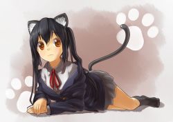 Rule 34 | animal ears, black hair, brown eyes, cat ears, cat tail, k-on!, long hair, lying, nakano azusa, on stomach, school uniform, solo, tail, touboku, twintails