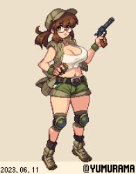 1girl belt black_panties breasts brown_background brown_belt brown_eyes brown_footwear brown_hair brown_hat brown_socks brown_vest cleavage commentary_request crop_top dated fio_germi full_body glasses green_skirt gun hand_up handgun hat hip_vent holding holding_gun holding_weapon kneepits large_breasts long_hair looking_at_viewer metal_slug midriff navel open_clothes open_mouth open_vest panties pixel_art ponytail revolver shoes short_shorts shorts sidelocks skirt socks solo standing tank_top three_quarter_view twitter_username underwear vest weapon white_tank_top wristband yumura_kino