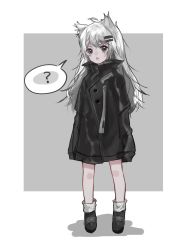 Rule 34 | 1girl, :o, ?, absurdres, aged down, animal ears, arknights, black footwear, black jacket, chinese commentary, commentary request, dack egg, full body, grey eyes, high collar, highres, jacket, lappland (arknights), long hair, long sleeves, looking at viewer, open mouth, scar, scar across eye, scar on face, shoes, silver hair, sleeves past fingers, sleeves past wrists, socks, solo, spoken question mark, standing, white socks, wolf ears