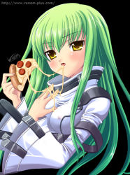 Rule 34 | 00s, 1girl, alto seneka, breasts, c.c., code geass, covered erect nipples, eating, food, green hair, large breasts, long hair, pizza, pizza slice, solo, yellow eyes